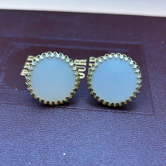 Vintage Triad Clip-On Earrings – Cream Matte Center with Gold Cutout Setting - Picture 7 of 10